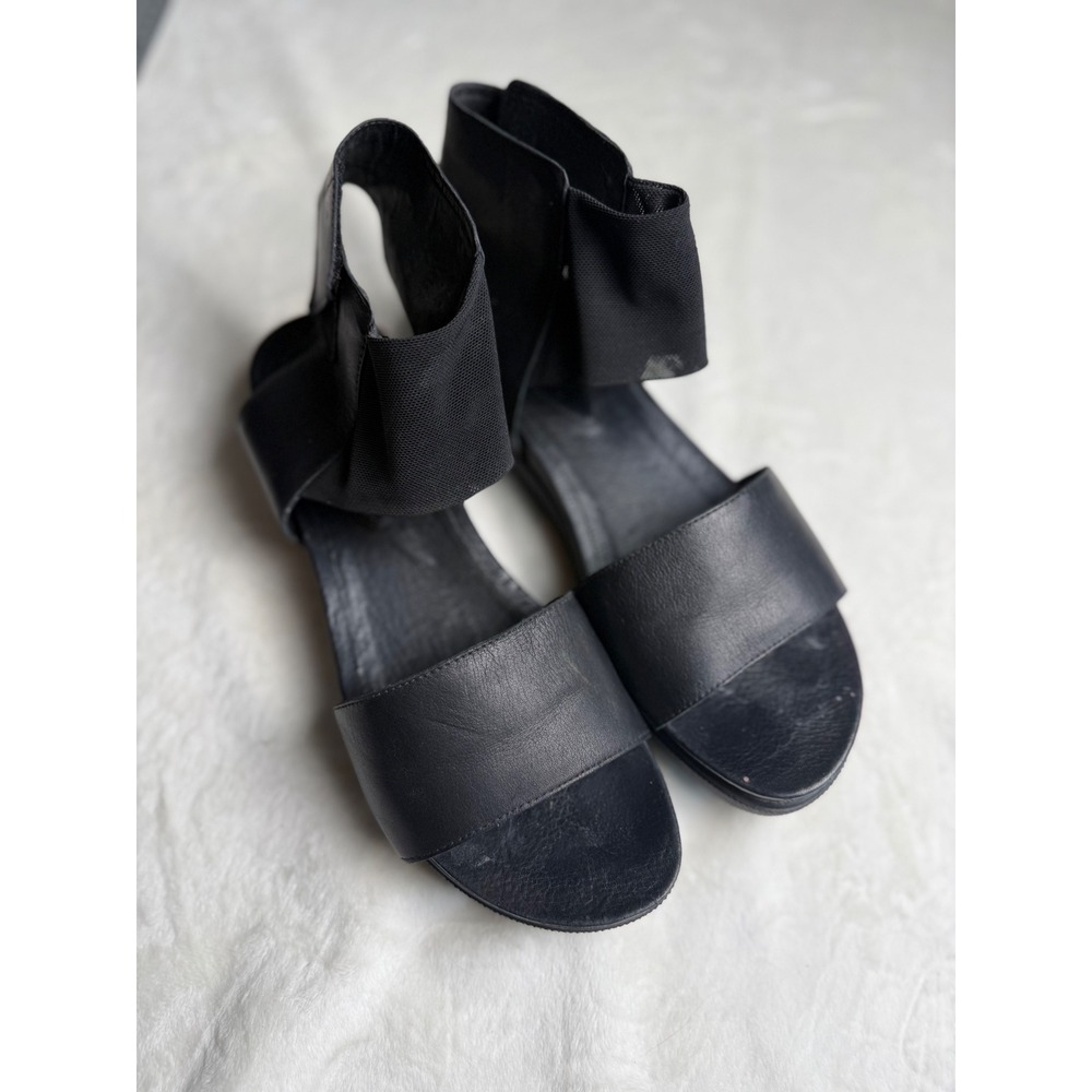 Eileen Fisher Black Leather Mesh Ankle Wrap Platform Sandals Womens 9.5